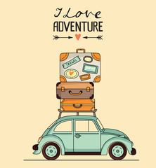Vector illustration. Retro car with luggage on the roof and space for your text - 101298093