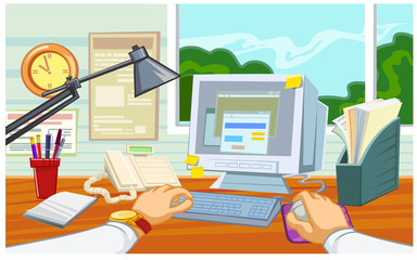 Fototapeta premium Vector illustration of a businessman workplace in the office with desk computer 