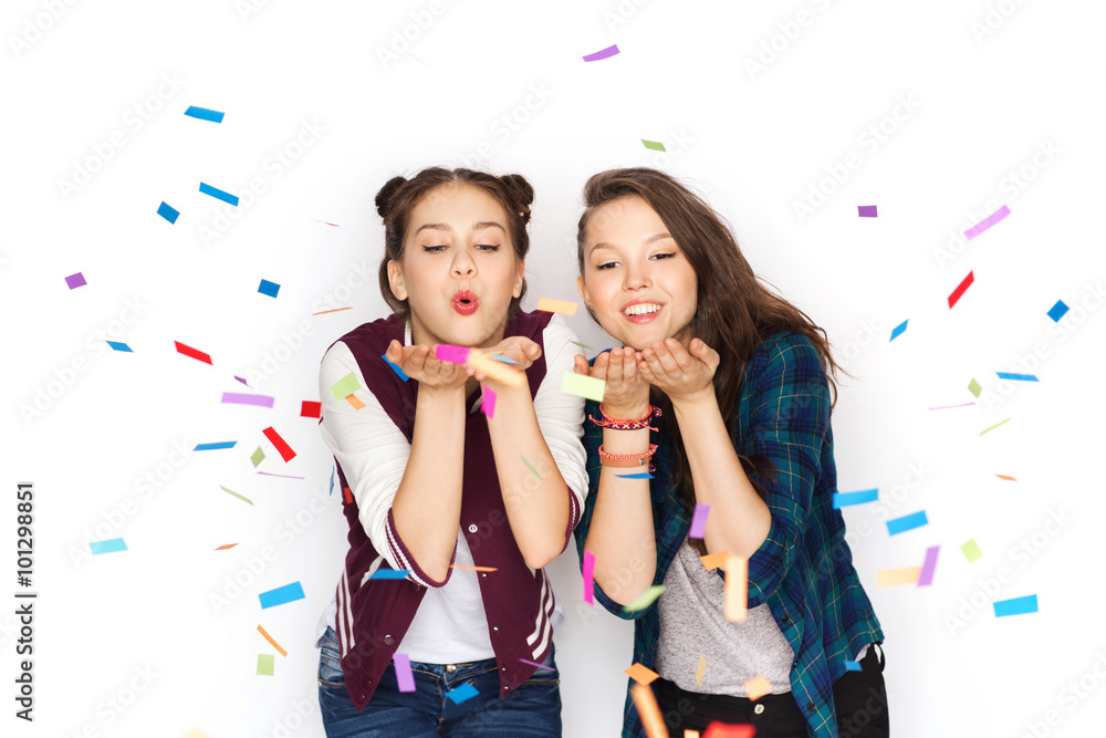 Poster happy smiling pretty teenage girls having fun