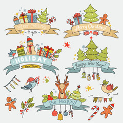 Vintage Christmas set with ribbon banners with reindeer, birds, gift boxes, trees, and other holiday elements. Can be used for invitation, decoration party. Vector illustration