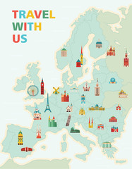 Europe map with famous monuments. Travel and tourism background. Vector illustration