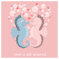 Vector seahorses with red hearts. Valentine's Day funny card. Couple of kissing seahorses. Cartoon Valentines personage on a rose quartz background. Invitation with seahorses.