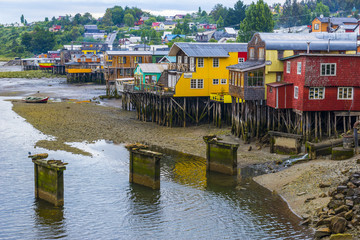 Fototapeta na wymiar Palafitos (stilt houses) in Castro, Chiloe island (Chile)