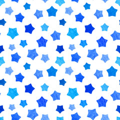 Bright blue watercolor stars background can be copied without any seams. Hand drawing. Vector illustration