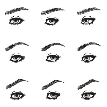 Icons set female eye with long eyelashes and eyebrows different shapes look just to the left to the right, black and white to show the make-up design diagrams and instructions, isolated vector objects