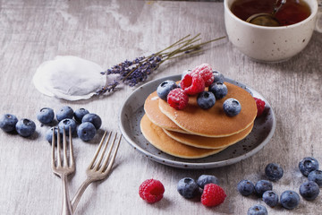 Pancakes with Berries and tea