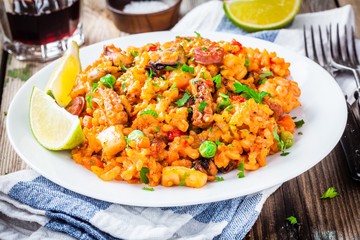 Paella with seafood and chorizo sausages