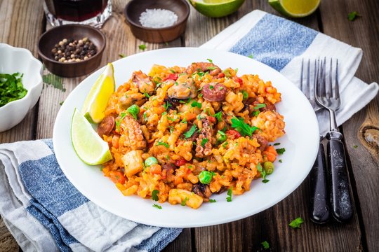 Paella with seafood and chorizo sausages