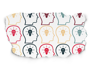 Advertising concept: Head With Lightbulb icons on Torn Paper background