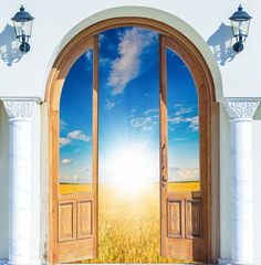 open door with a view  meadow illuminated by bright sunshine