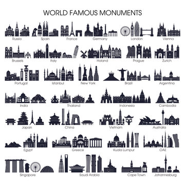 Travel And Tourism Background. World Famous Monuments Set. Vector Illustration