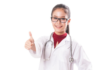 female doctor showing thumb up gesture