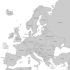 Fototapeta premium Kontinent Europa in Grau (beschriftet) - Vektor