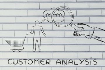 hand with magnifying glass & text Customer Analysis