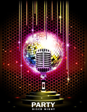 Stage with podium,retro microphone, disco ball and spotlights. Disco party or karaoke background.