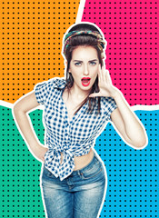 Woman in retro pin-up style shouting with her hand on halftone b