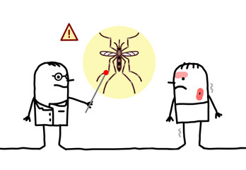 cartoon doctor with sick man, mosquito and Dengue 