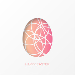 Fototapeta na wymiar Happy Easter decorated paper egg on pink background with oval shapes. Vector design