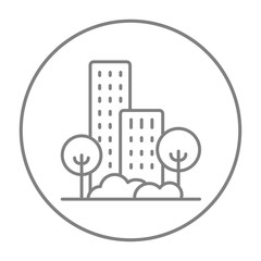 Residential building with trees line icon.