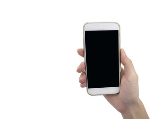 Hand holding smart phone isolated over white background - mockup