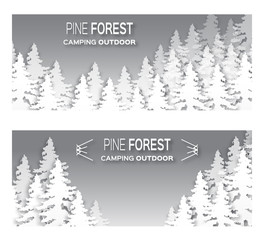 Fototapeta premium Wild forest background. Origami pine tree. Applique landscape nature. Paper cut style - wood panorama circle template. Outdoor camping design. Vector illustration