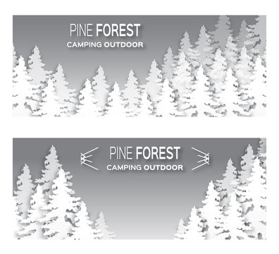 Wild forest background. Origami pine tree. Applique landscape nature. Paper cut style -  wood panorama circle template. Outdoor camping design. Vector illustration