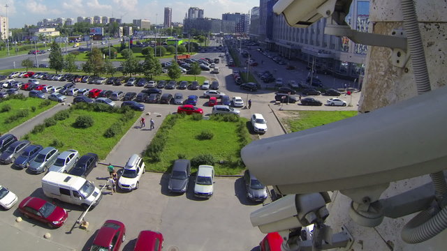 Timelapse view from bilding facade from video surveillance camera at city streets, Saint-Petersburg, Russia
