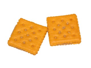 Cheese crackers with peanut butter photo on white background.