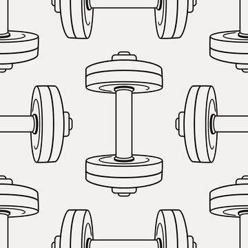 Vector Monochrome Seamless Pattern With Dumbbells. Fitness Background.