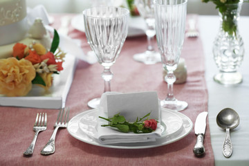 Beautiful served table for wedding or other celebration in restaurant
