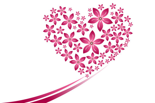 Many pink flower heart shape on the white background.