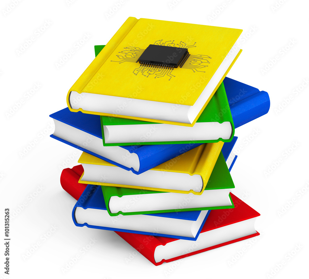Poster Digital Book Concept. Microchip with circuit over Stack of Books