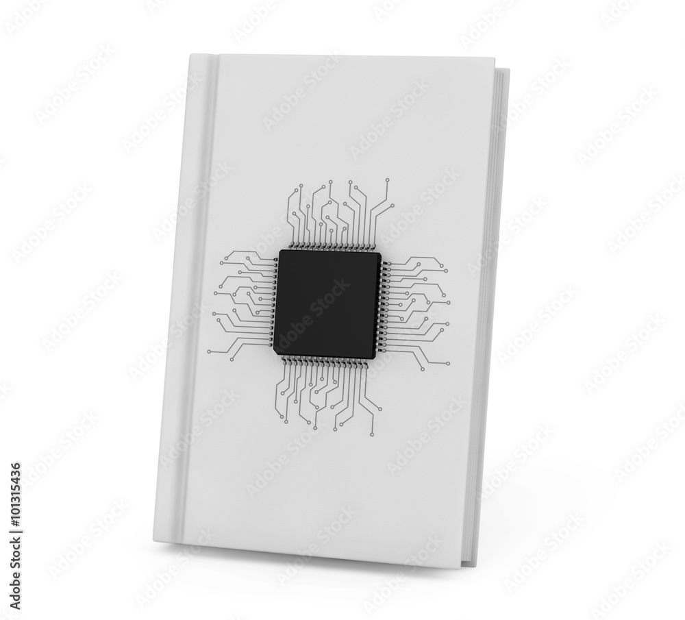 Poster digital book concept. microchip with circuit over bank book