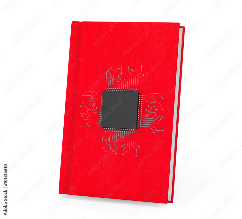 Poster Digital Book Concept. Microchip with circuit over Red Book