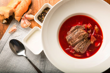 Traditional Russian borscht beef bones with meat