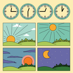 cons with landscapes showing day cycle and clock showing the time of the day - morning, noon, afternoon, evening