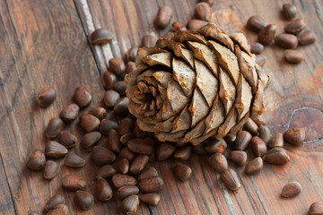 pine nuts and pine cones on a dark wooden background