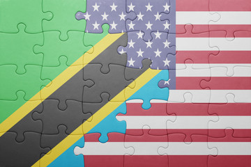 Fototapeta na wymiar puzzle with the national flag of united states of america and tanzania