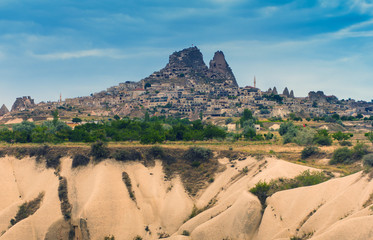 View of turkish fortress Uchisar, landscape in Cappadocia, Turkey.