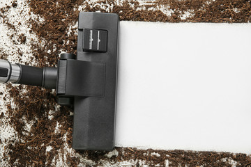 Cleaning concept - carpet sweeper and dust, close up
