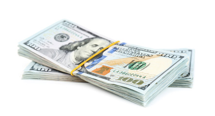 Hundred dollar bills, isolated on white