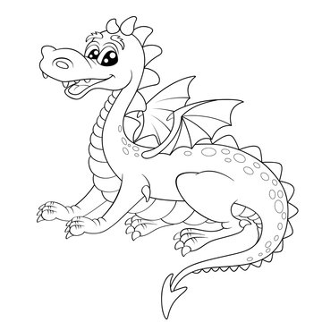 Cute cartoon dragon. Black and white vector illustration for coloring book 