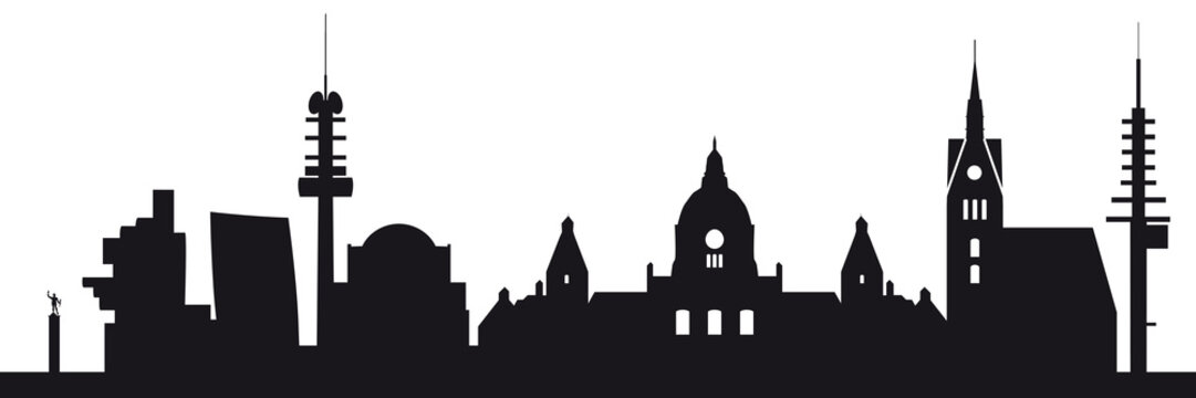 Kleine Version der Hannover Skyline &ndash; mit Rathaus, Aegi, Anzeiger Hcohhaus, Gehrytower und Kr&ouml;pke.