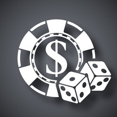 Gambling chips with two dices, vector icon