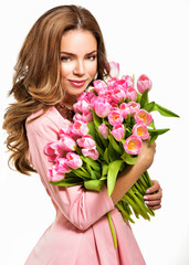Woman with Spring Flower bouquet. Happy surprised model woman sm