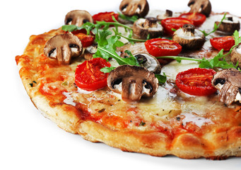 Tasty pizza decorated with mushrooms isolated on white background, close up