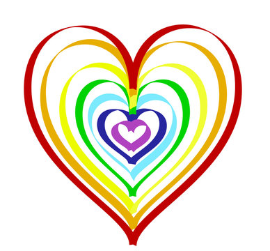 Heart painted in the seven rainbow colors red, orange, yellow, green, light blue, dark blue and purple.  over a white background. Made in Adobe illustrator.