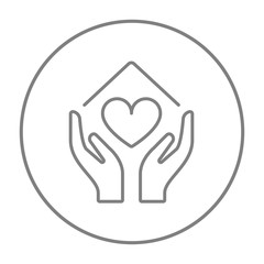 Hands holding house symbol with heart shape line icon.