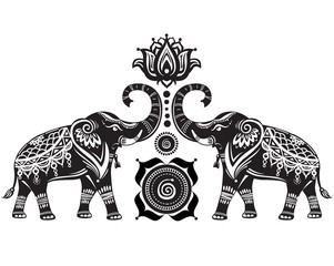 Stylized decorated elephants and lotus flower