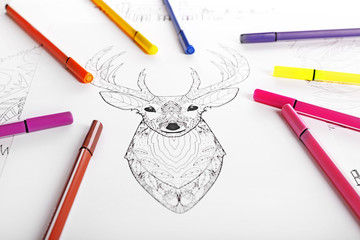 Doodle drawing of deer and colour felt pens